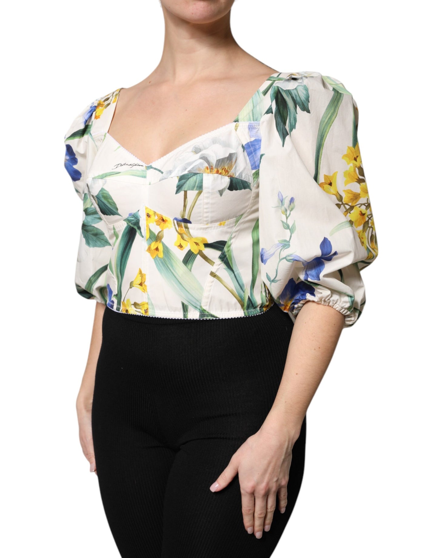 Dolce &amp; Gabbana Top corto con maniche a sbuffo e stampa floreale bianca