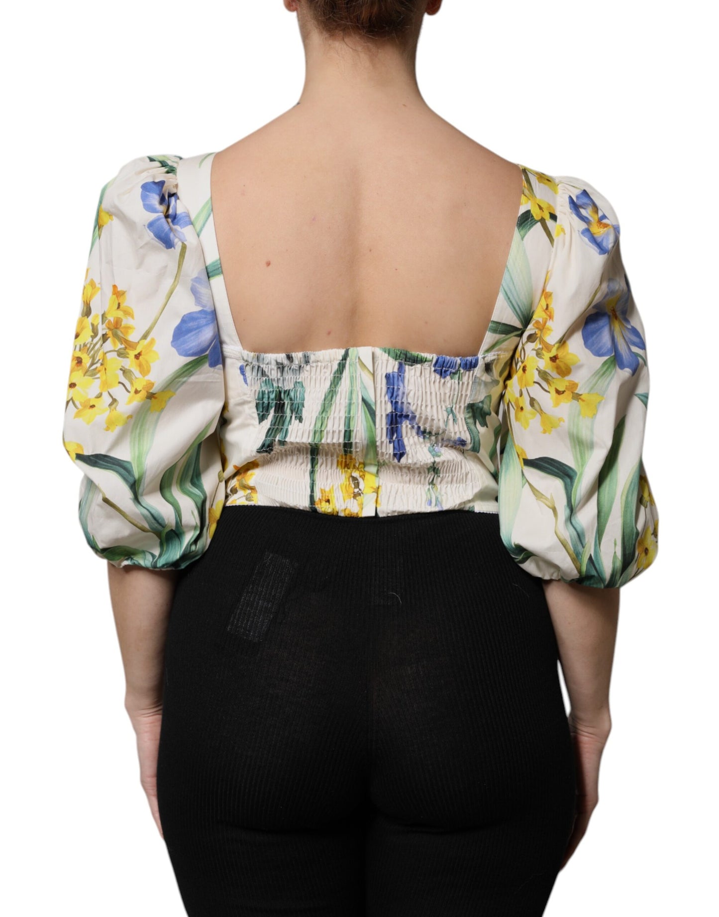 Dolce &amp; Gabbana Top corto con maniche a sbuffo e stampa floreale bianca