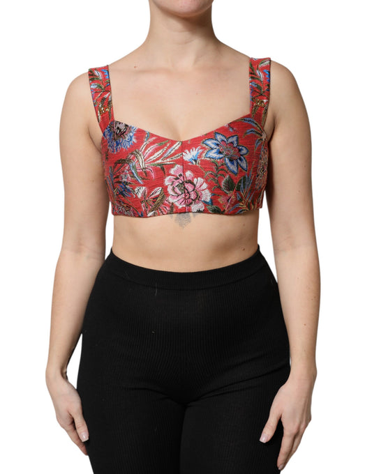 Top bustier corto in broccato floreale rosso Dolce &amp; Gabbana
