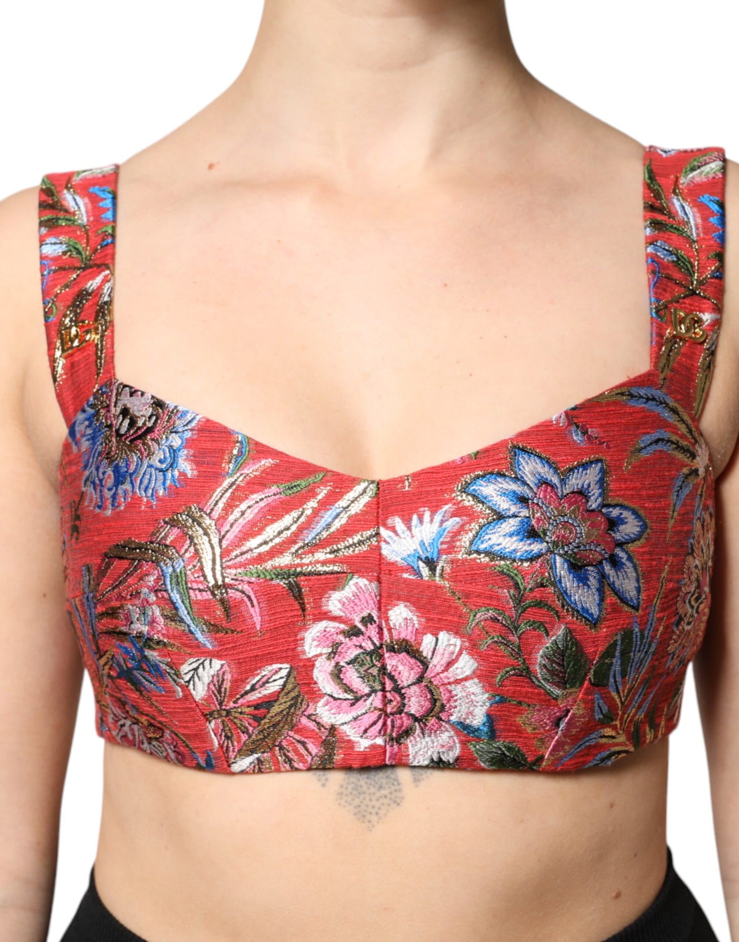Top bustier corto in broccato floreale rosso Dolce &amp; Gabbana