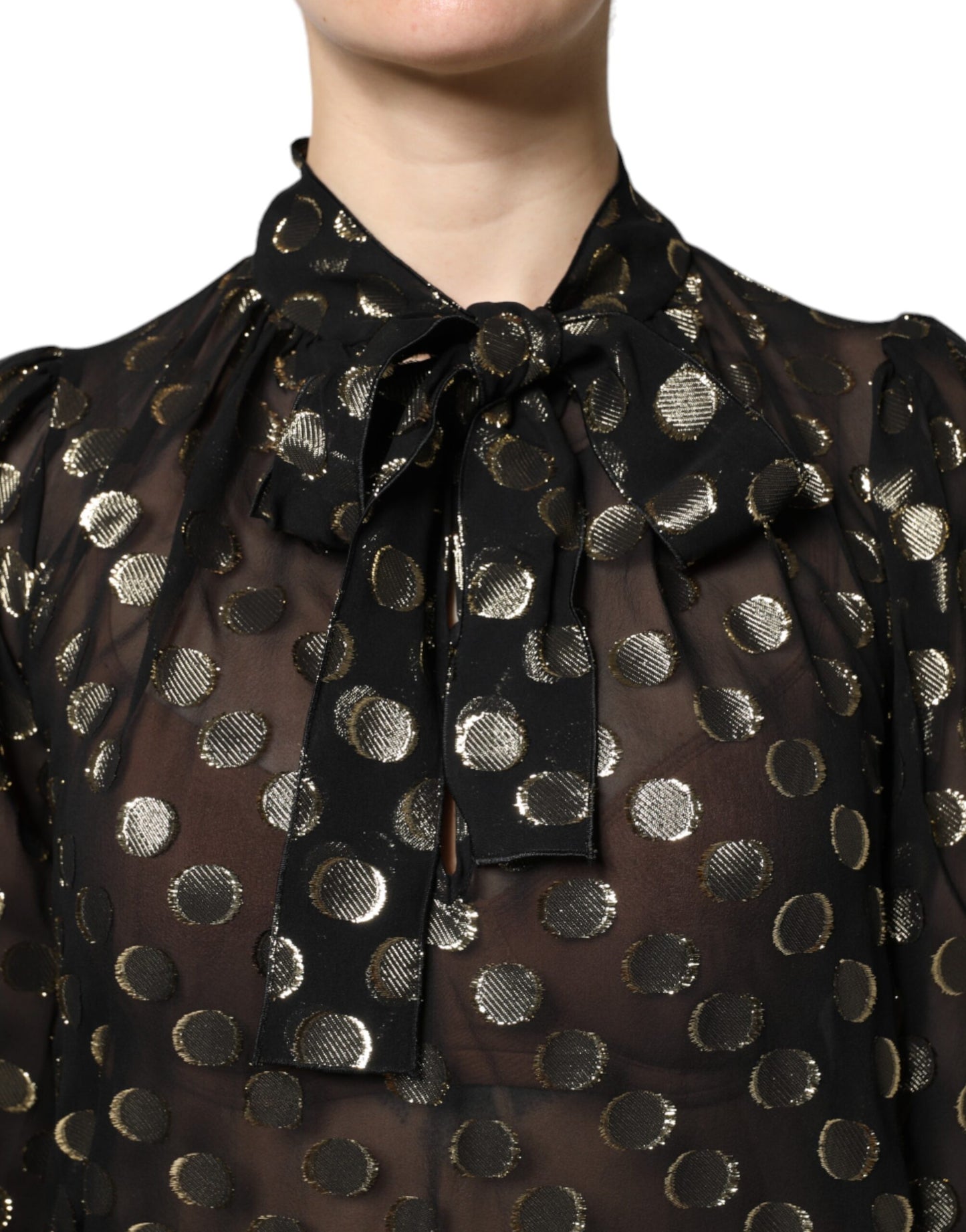 Dolce &amp; Gabbana Top blusa a pois neri trasparenti con collo annodato