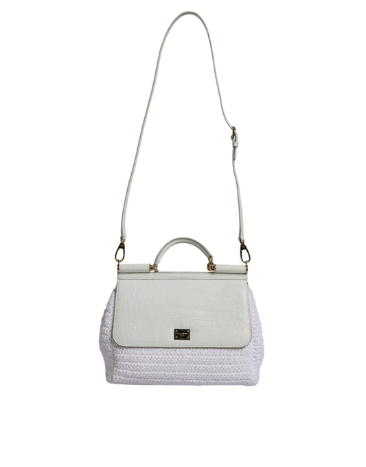 Borsa a tracolla con manico superiore in pelle di rafia bianca Dolce &amp; Gabbana