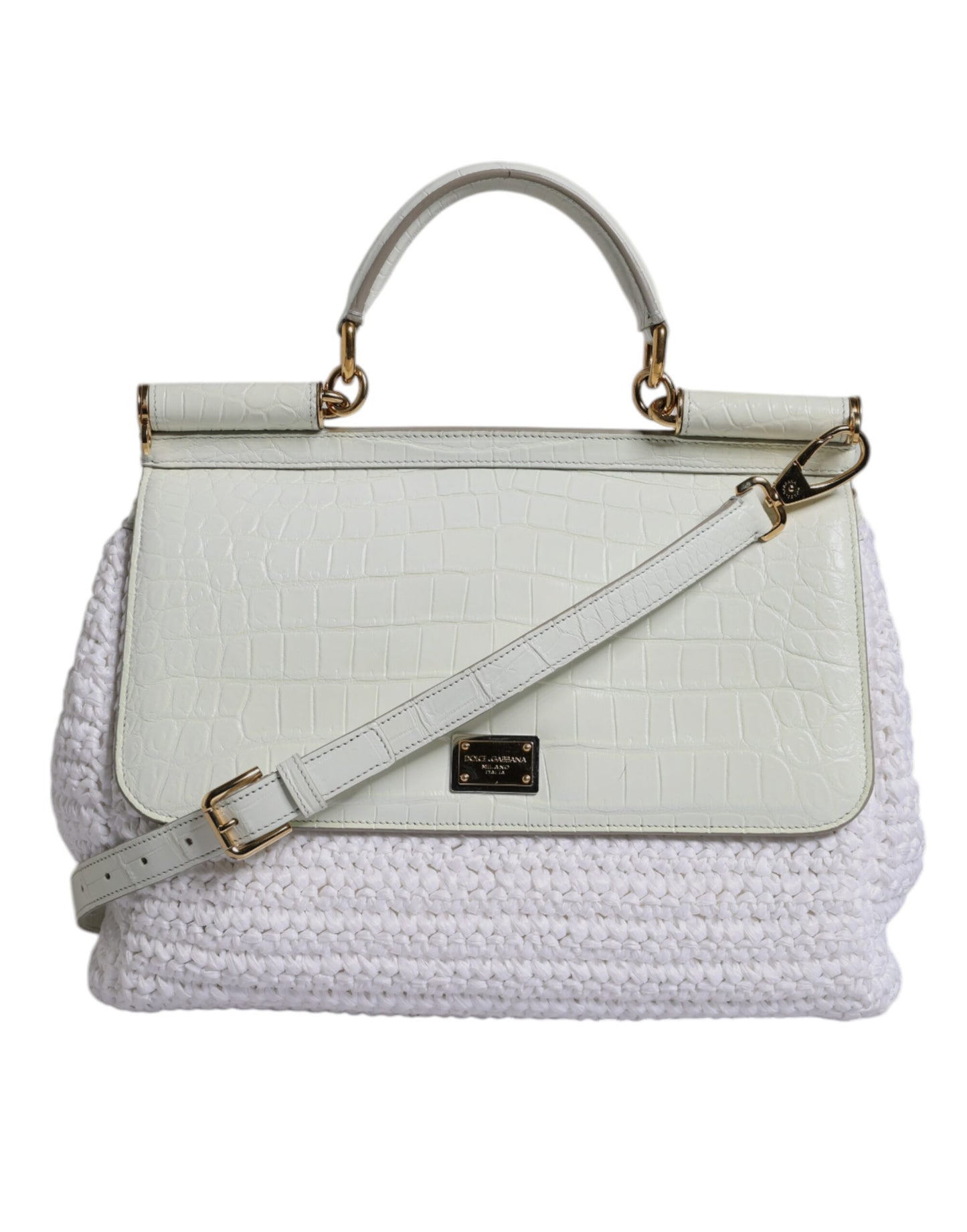 Borsa a tracolla con manico superiore in pelle di rafia bianca Dolce &amp; Gabbana