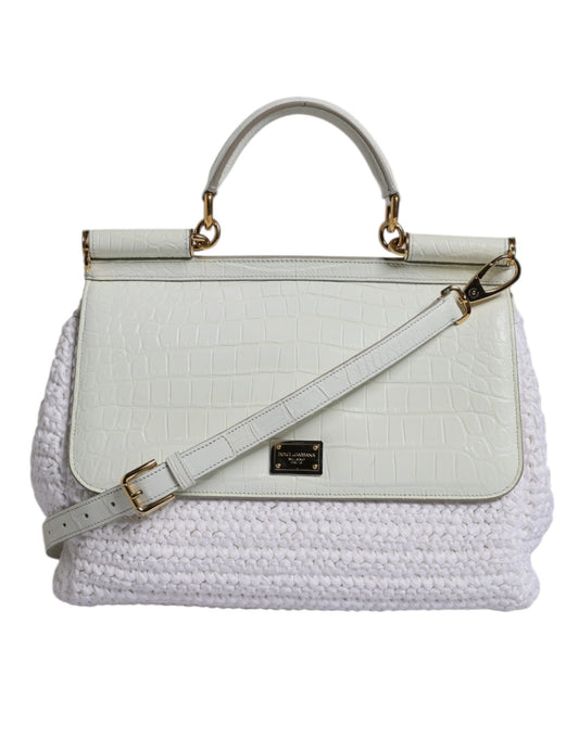 Borsa a tracolla con manico superiore in pelle di rafia bianca Dolce &amp; Gabbana