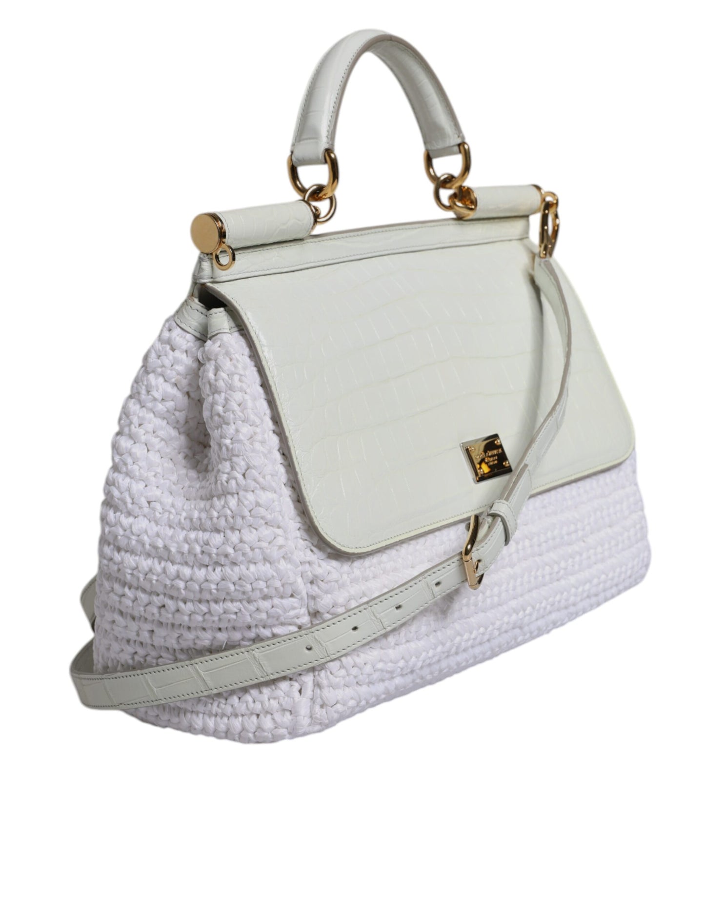 Borsa a tracolla con manico superiore in pelle di rafia bianca Dolce &amp; Gabbana