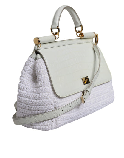 Borsa a tracolla con manico superiore in pelle di rafia bianca Dolce &amp; Gabbana