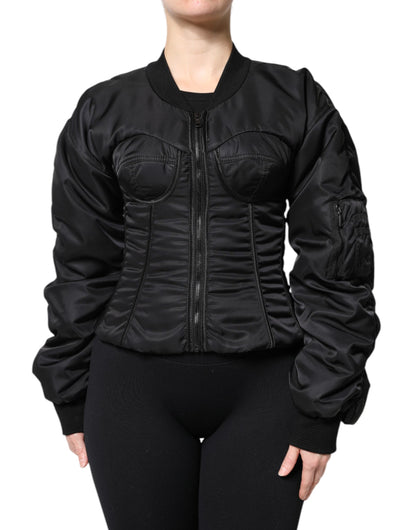 Giacca corsetto bustier con cerniera intera in nylon nero Dolce &amp; Gabbana