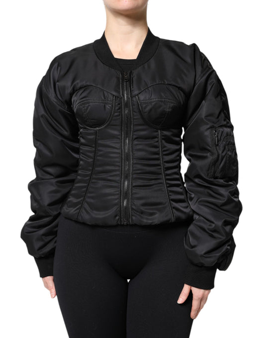 Giacca corsetto bustier con cerniera intera in nylon nero Dolce &amp; Gabbana