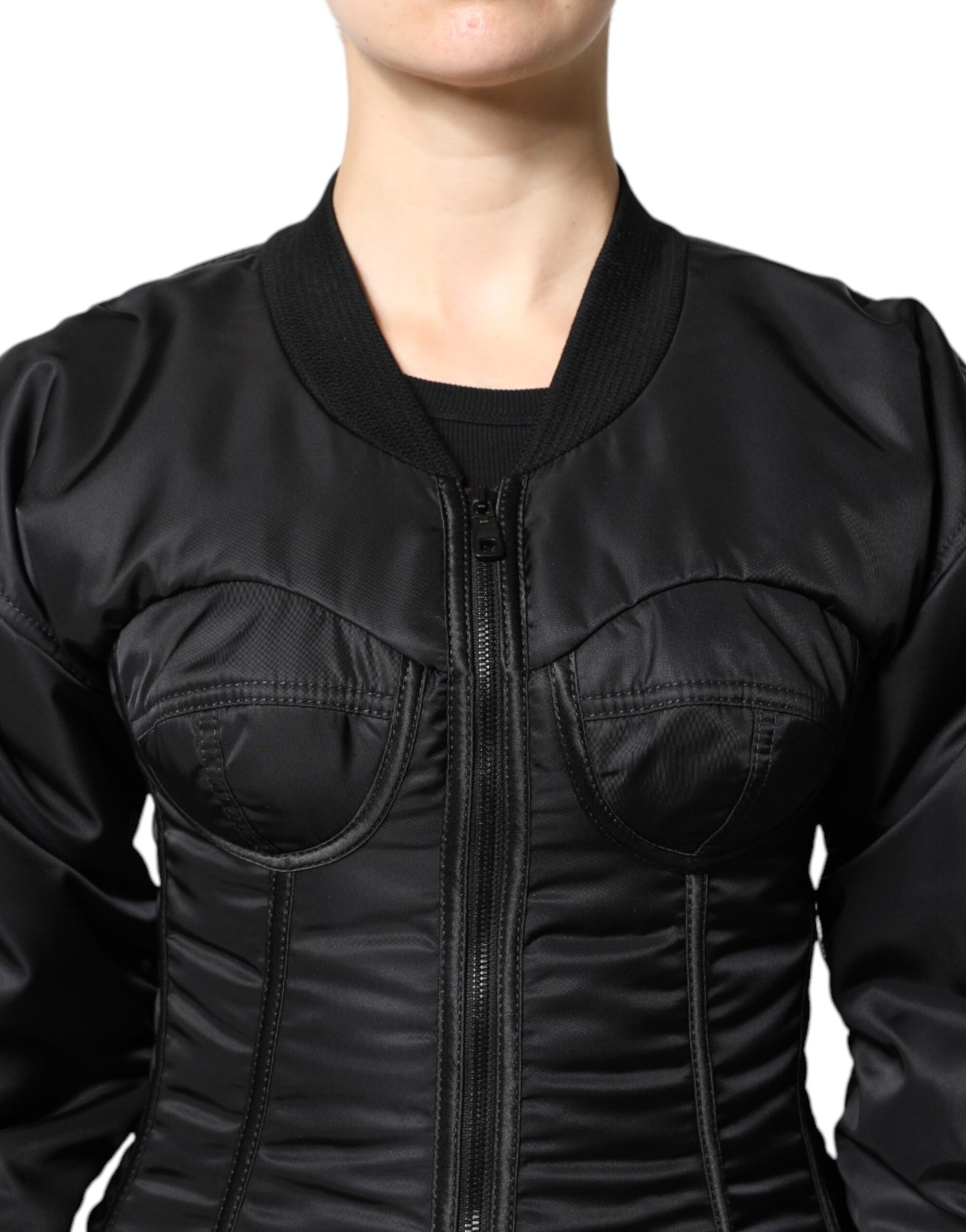 Giacca corsetto bustier con cerniera intera in nylon nero Dolce &amp; Gabbana