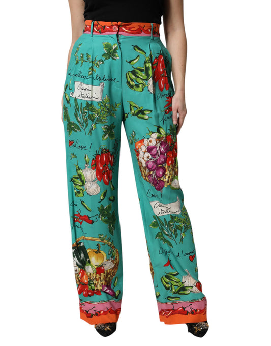 Pantaloni dritti in seta stampata verde Dolce &amp; Gabbana