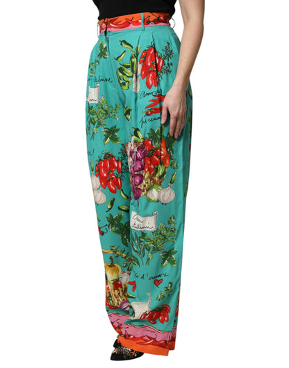 Pantaloni dritti in seta stampata verde Dolce &amp; Gabbana