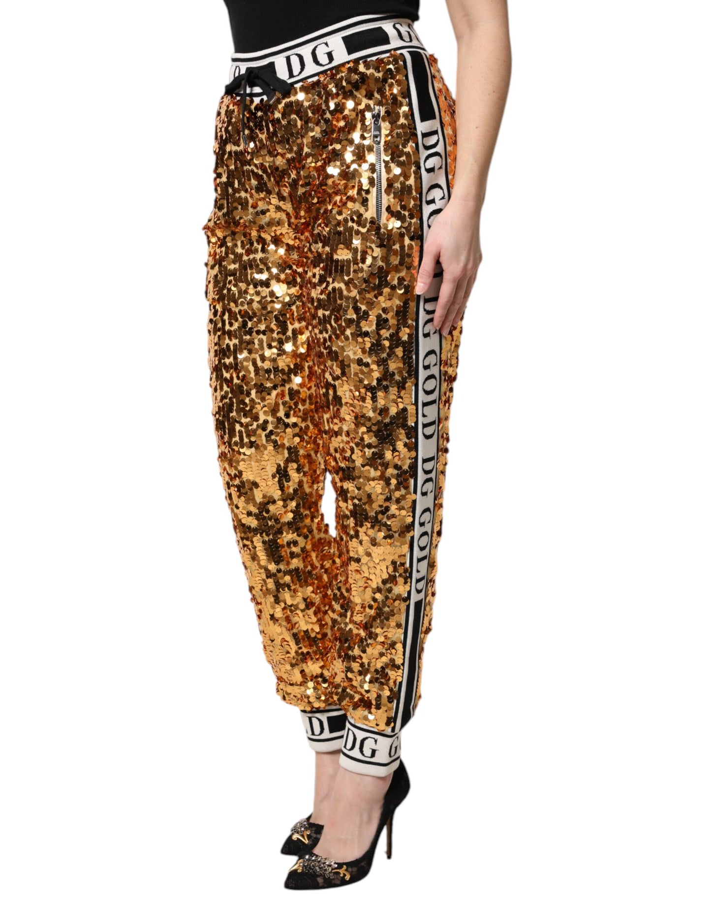 Pantaloni da jogging con paillettes e logo DG in oro metallizzato Dolce &amp; Gabbana
