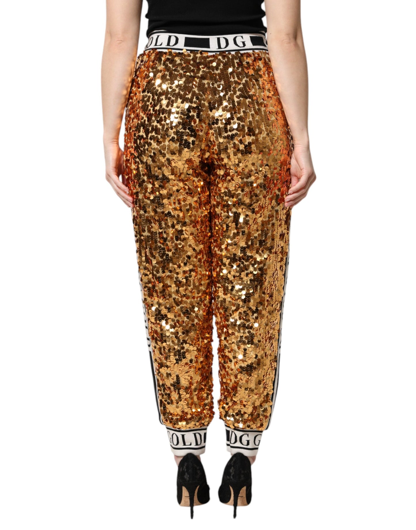 Pantaloni da jogging con paillettes e logo DG in oro metallizzato Dolce &amp; Gabbana
