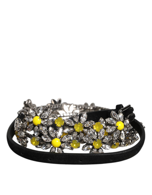 Cintura Dolce &amp; Gabbana in pelle nera con cristalli e margherite