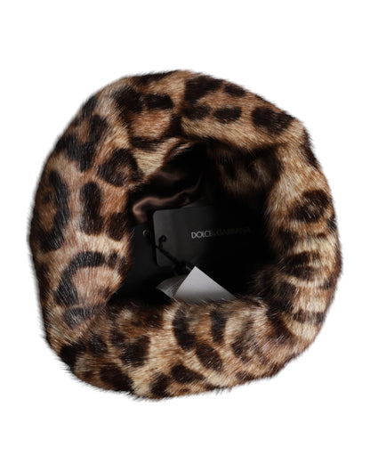 Cappello da pescatore da donna in pelliccia sintetica leopardata marrone Dolce &amp; Gabbana