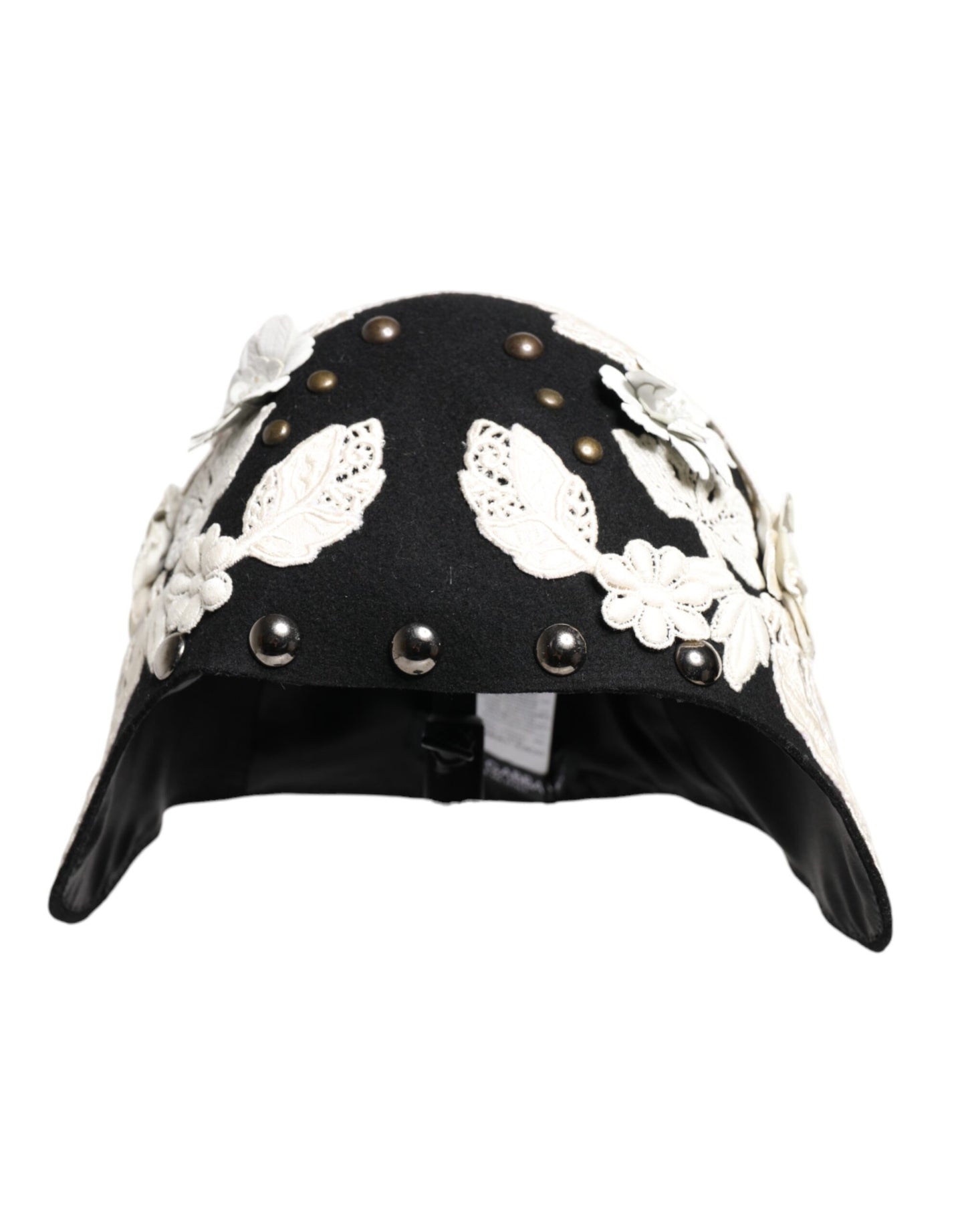 Cappello a cloche Dolce &amp; Gabbana in lana nera, bianco e floreale con foglie dorate
