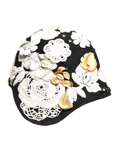 Cappello a cloche Dolce &amp; Gabbana in lana nera, bianco e floreale con foglie dorate