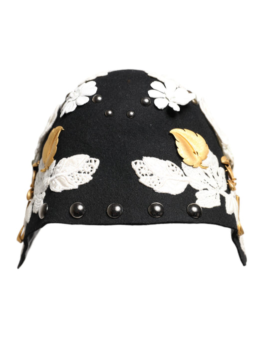 Cappello a cloche Dolce &amp; Gabbana in lana nera, bianco e floreale con foglie dorate