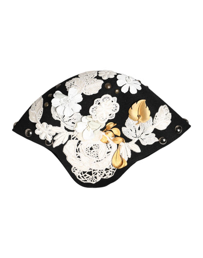 Cappello a cloche Dolce &amp; Gabbana in lana nera, bianco e floreale con foglie dorate