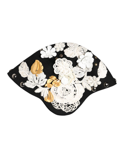 Cappello a cloche Dolce &amp; Gabbana in lana nera, bianco e floreale con foglie dorate