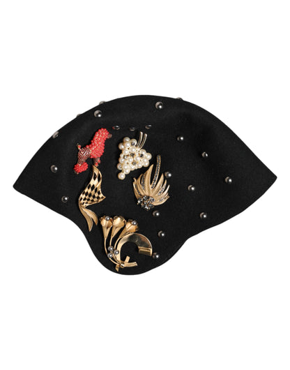 Cappello a cloche in lana nera con decorazioni multicolori Dolce &amp; Gabbana
