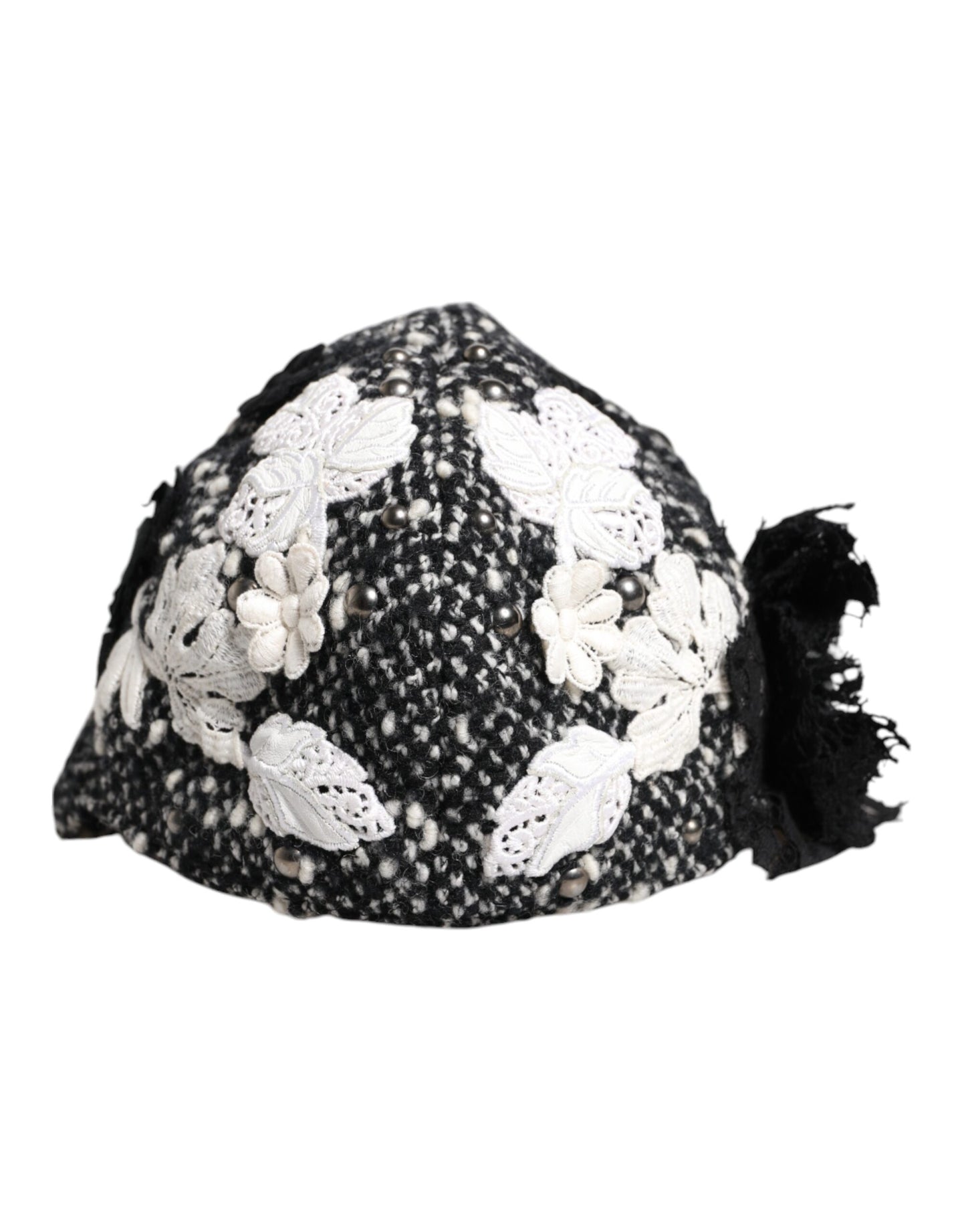 Cappello a cloche Dolce &amp; Gabbana in lana nera con decorazioni floreali bianche