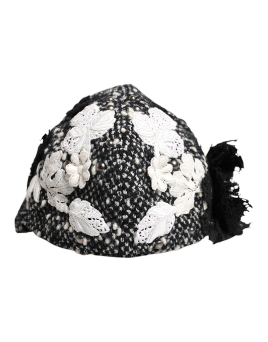 Cappello a cloche Dolce &amp; Gabbana in lana nera con decorazioni floreali bianche