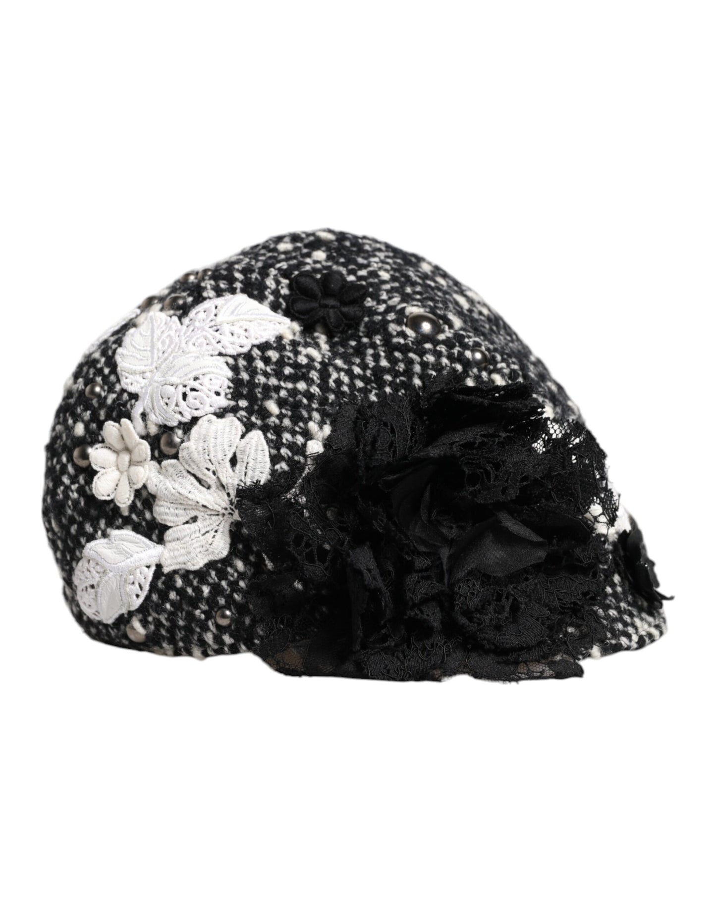 Cappello a cloche Dolce &amp; Gabbana in lana nera con decorazioni floreali bianche