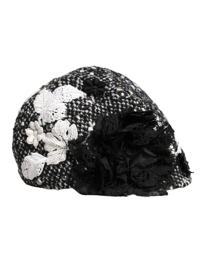 Cappello a cloche Dolce &amp; Gabbana in lana nera con decorazioni floreali bianche