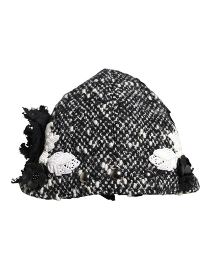 Cappello a cloche Dolce &amp; Gabbana in lana nera con decorazioni floreali bianche