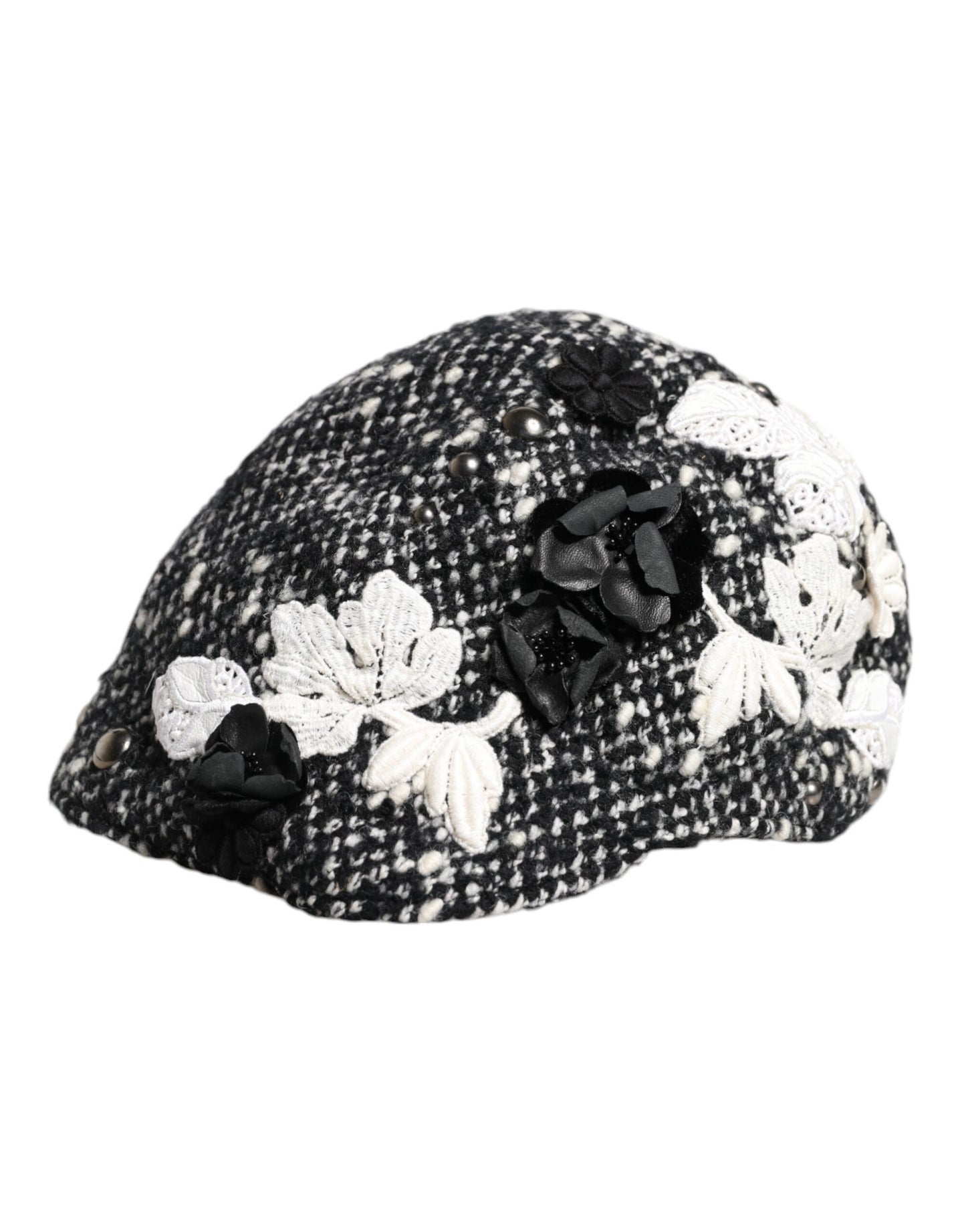 Cappello a cloche Dolce &amp; Gabbana in lana nera con decorazioni floreali bianche