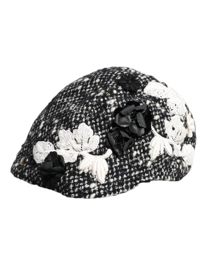 Cappello a cloche Dolce &amp; Gabbana in lana nera con decorazioni floreali bianche
