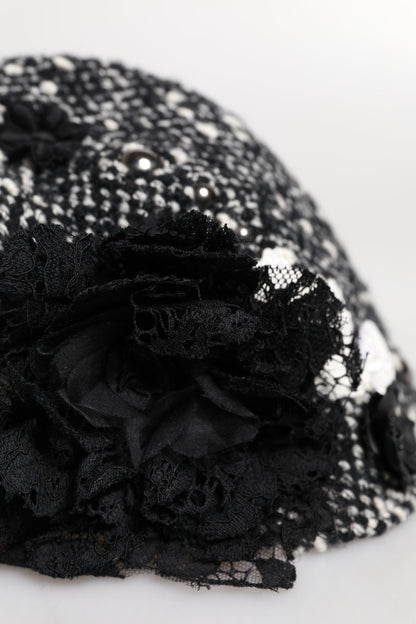 Cappello a cloche Dolce &amp; Gabbana in lana nera con decorazioni floreali bianche