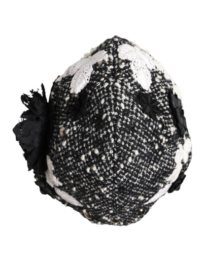 Cappello a cloche Dolce &amp; Gabbana in lana nera con decorazioni floreali bianche