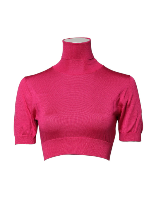 Dolce &amp; Gabbana Top corto in maglia di seta rosa con collo alto