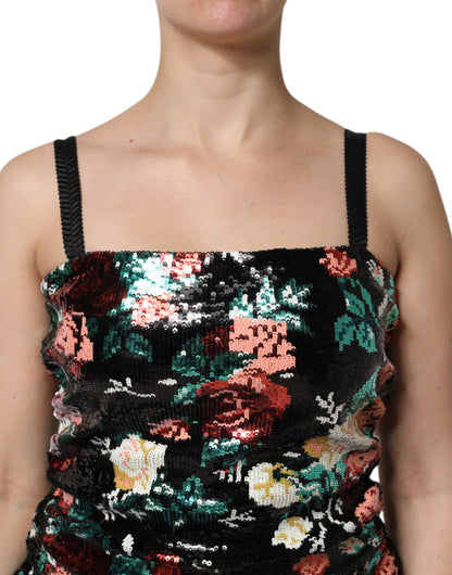 Abito tubino senza maniche con paillettes floreali nere Dolce &amp; Gabbana