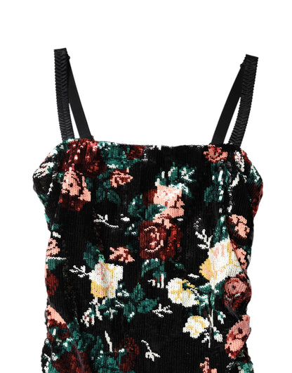 Abito tubino senza maniche con paillettes floreali nere Dolce &amp; Gabbana