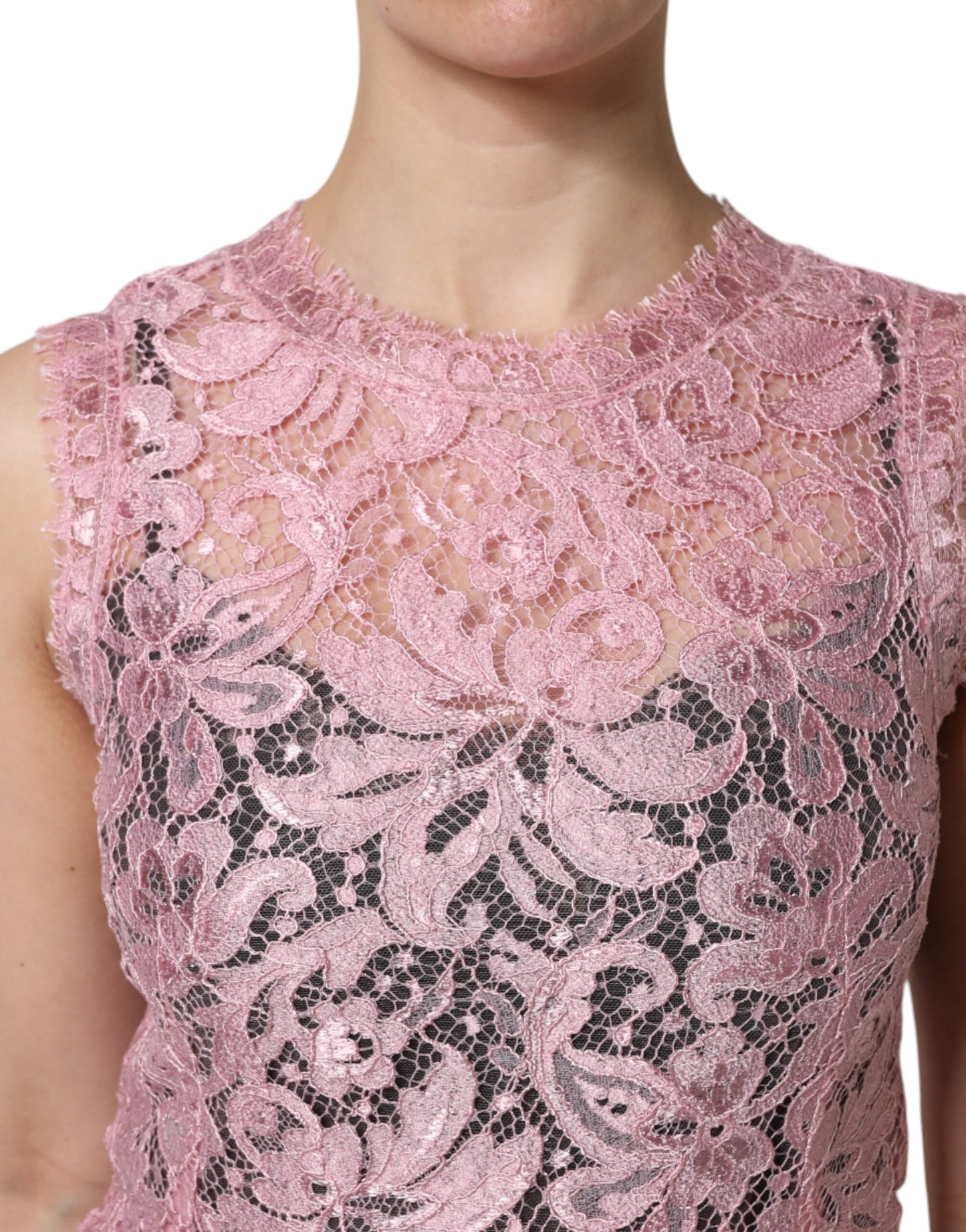 Abito tubino senza maniche in pizzo floreale rosa Dolce &amp; Gabbana