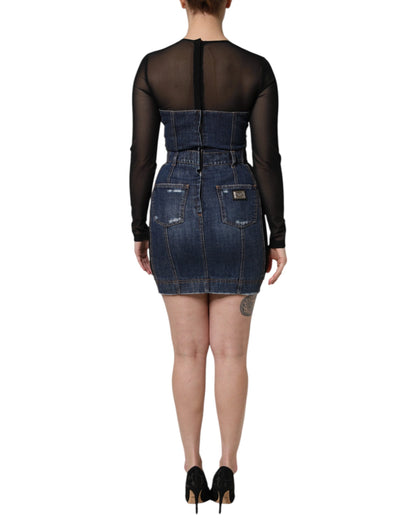 Dolce &amp; Gabbana Mini abito in denim a maniche lunghe nero e blu
