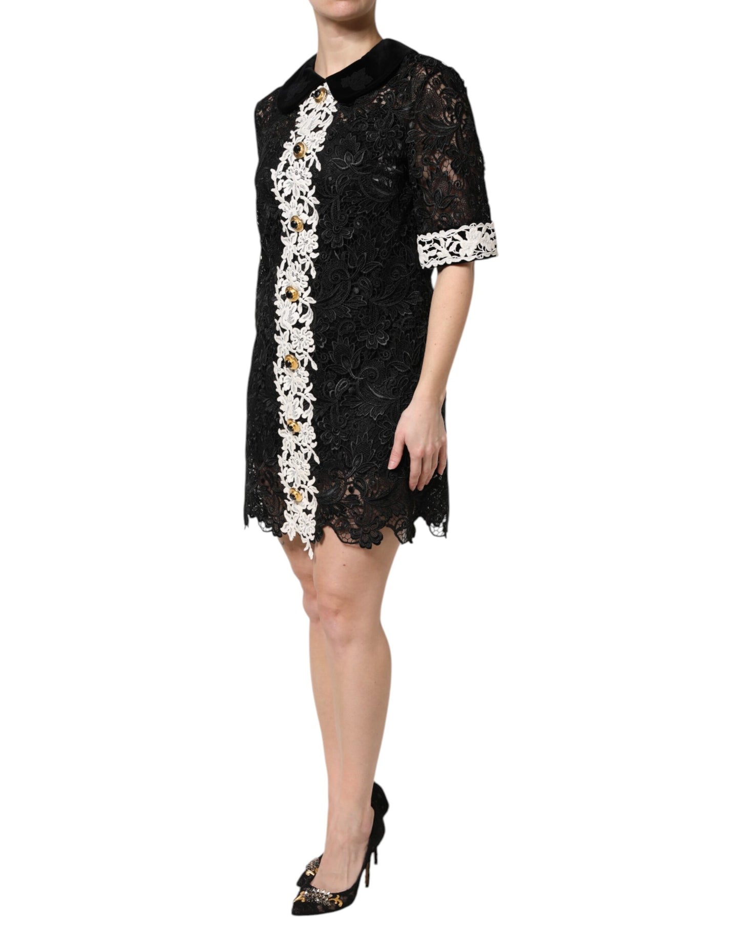 Mini abito nero decorato in pizzo floreale Dolce &amp; Gabbana