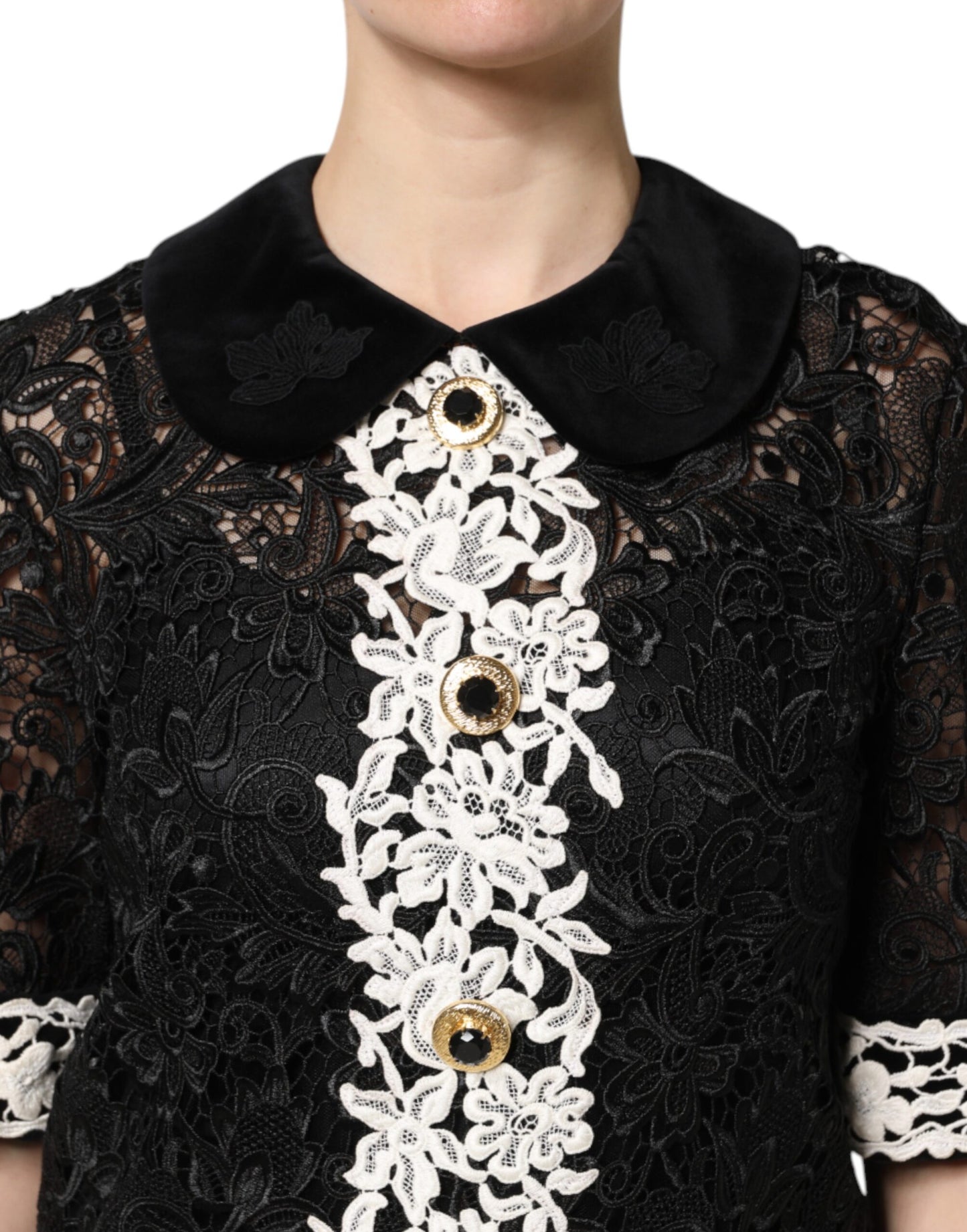 Mini abito nero decorato in pizzo floreale Dolce &amp; Gabbana