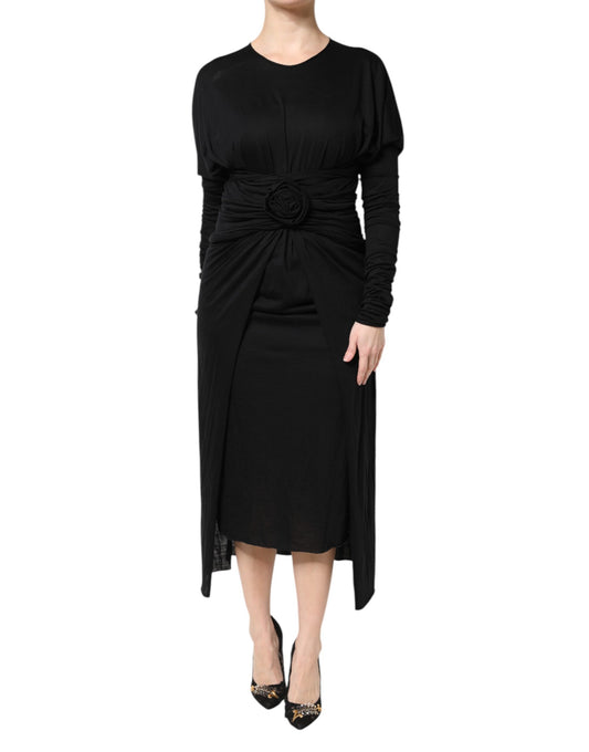 Dolce &amp; Gabbana Abito midi a tubino in lana nera a maniche lunghe