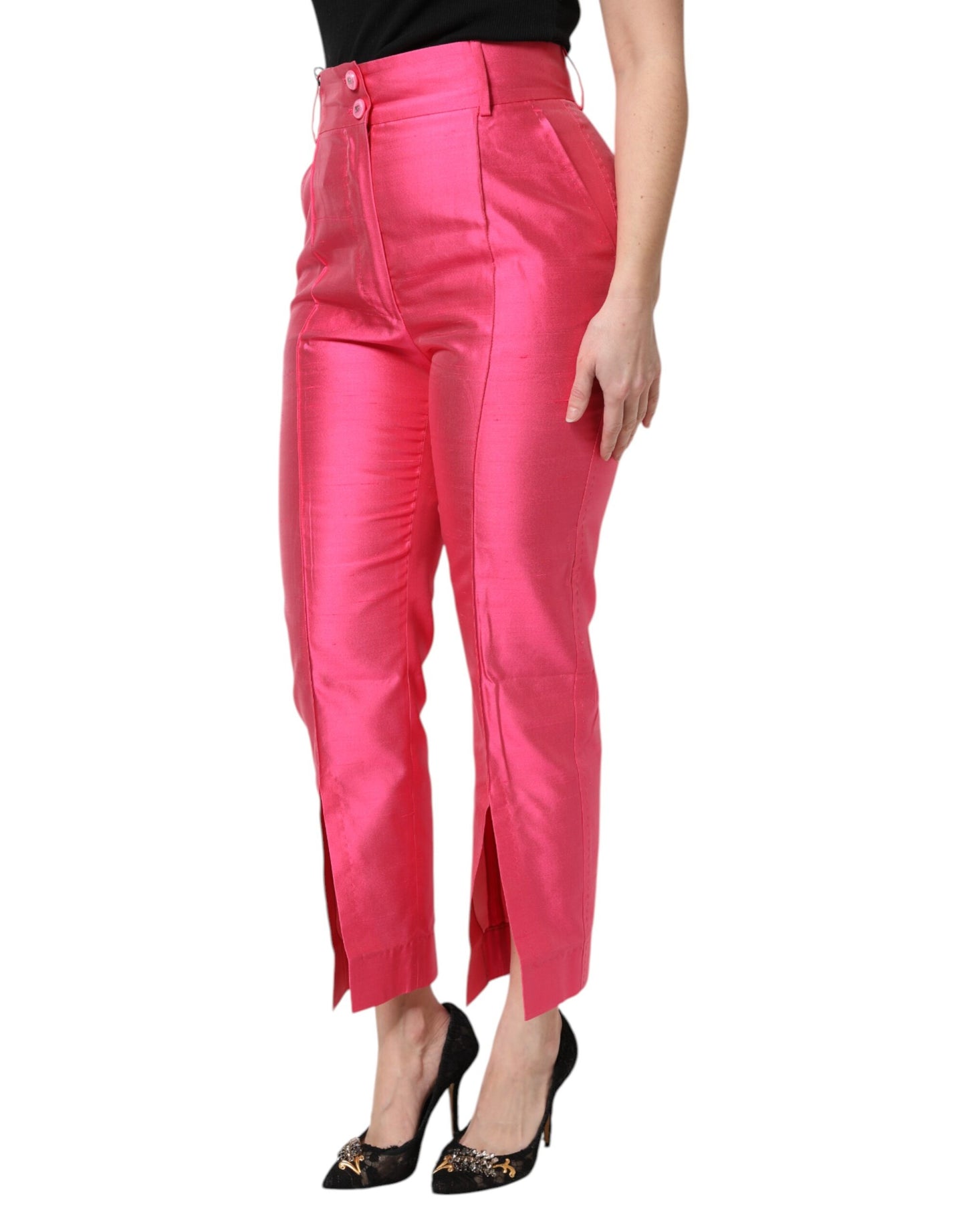 Pantaloni affusolati a vita alta in seta rosa Dolce &amp; Gabbana