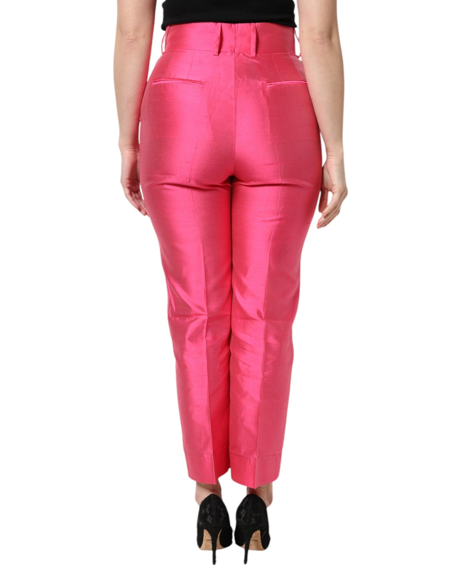Pantaloni affusolati a vita alta in seta rosa Dolce &amp; Gabbana