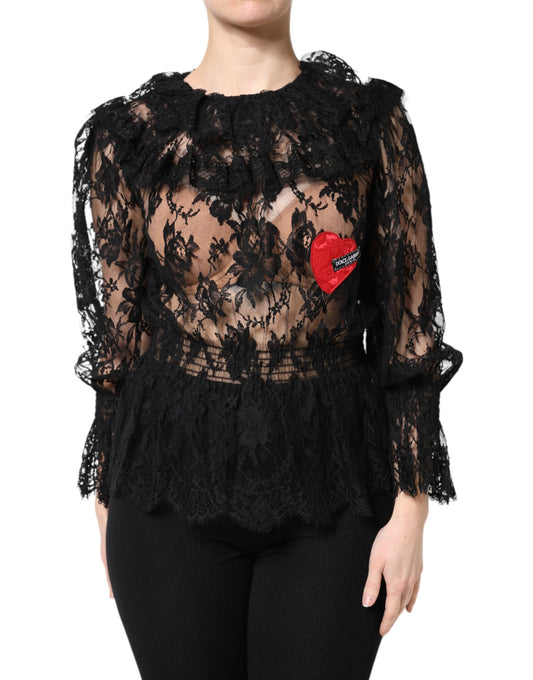 Dolce &amp; Gabbana Top blusa da donna in pizzo floreale di cotone nero