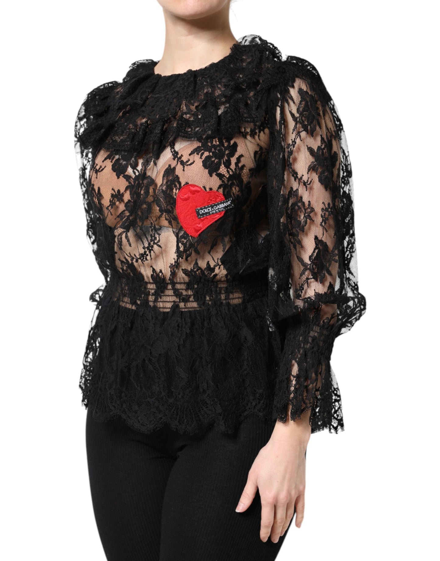 Dolce &amp; Gabbana Top blusa da donna in pizzo floreale di cotone nero