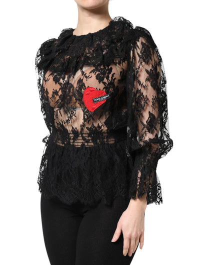 Dolce &amp; Gabbana Top blusa da donna in pizzo floreale di cotone nero