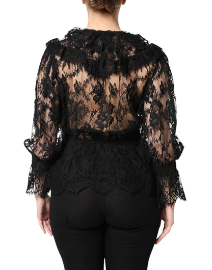 Dolce &amp; Gabbana Top blusa da donna in pizzo floreale di cotone nero
