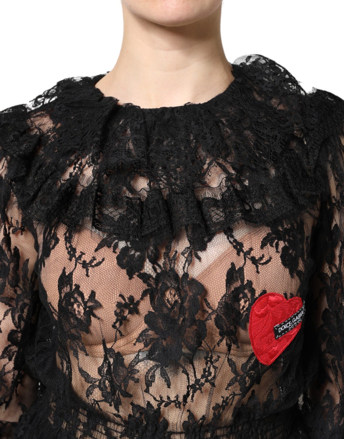 Dolce &amp; Gabbana Top blusa da donna in pizzo floreale di cotone nero