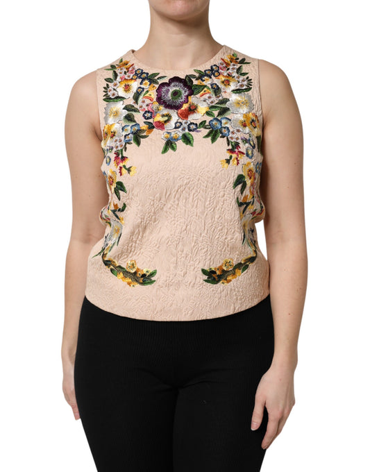 Canotta senza maniche con ricamo floreale beige Dolce &amp; Gabbana